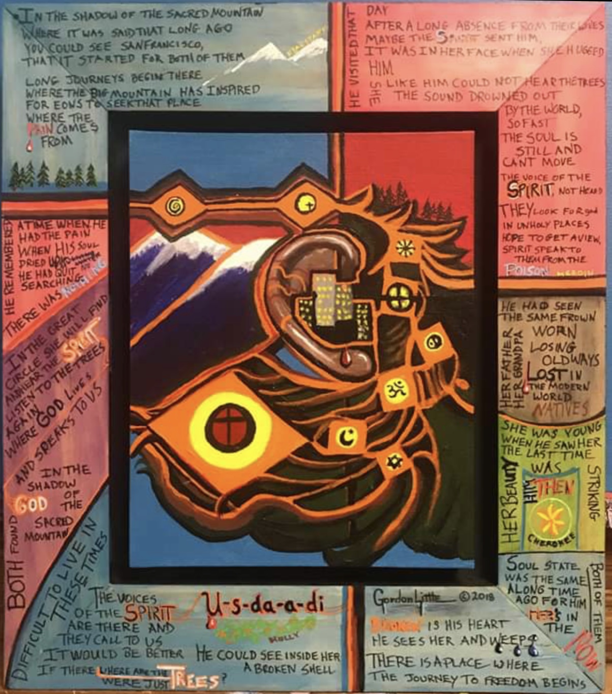 A recent painting in Gordon Little's linear abstract style, with handwritten text on a painted wooden frame